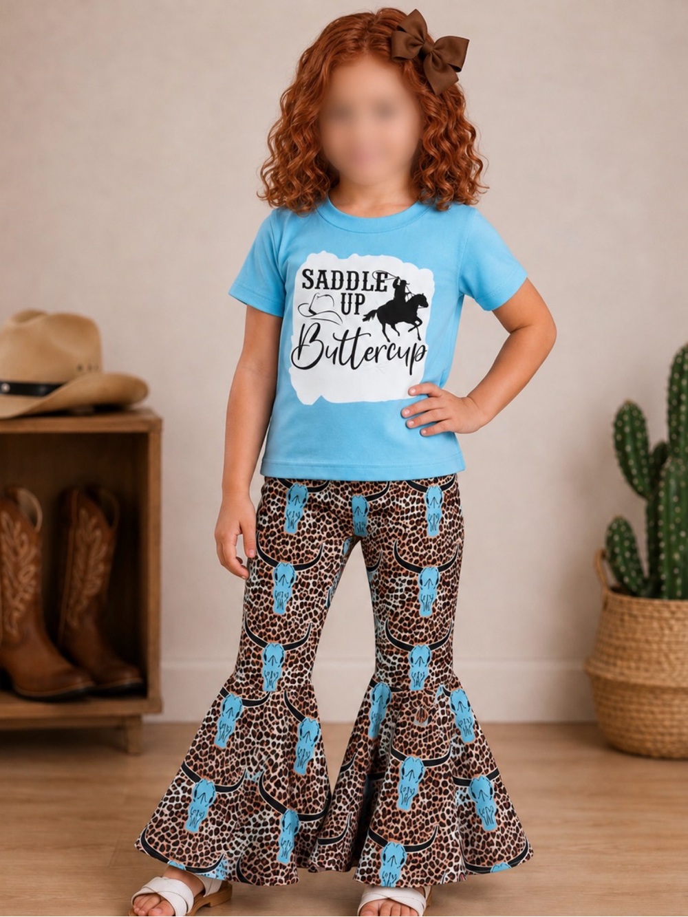 Girls Boutique Western Horse SADDLE UP Graphic Top & Bell Bottoms Flare Pants